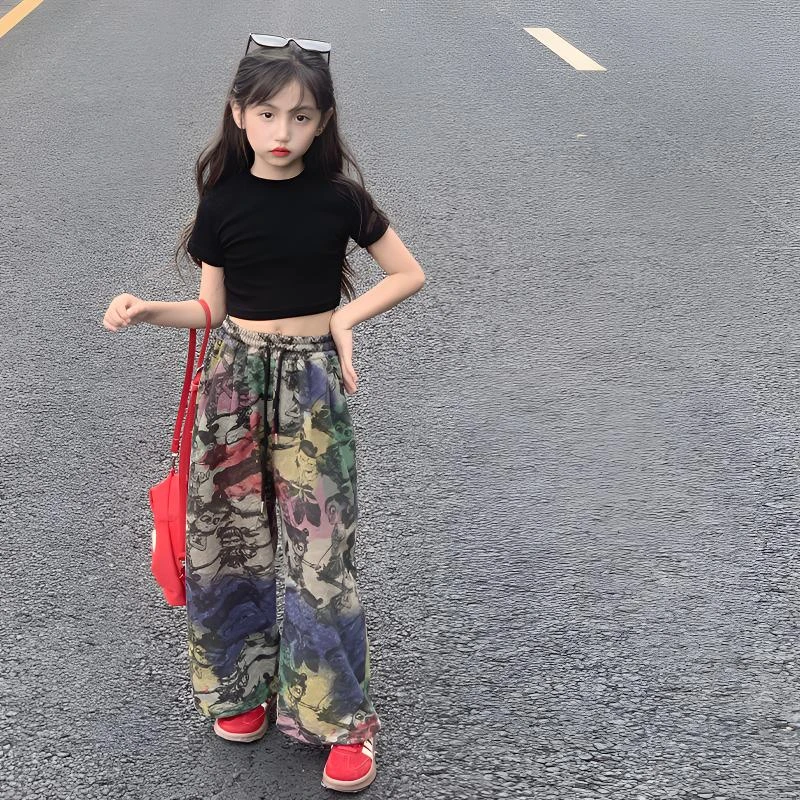 女大童短袖T恤夏2025新款女童夏季哪咤卫裤阔腿裤洋气防蚊裤套装