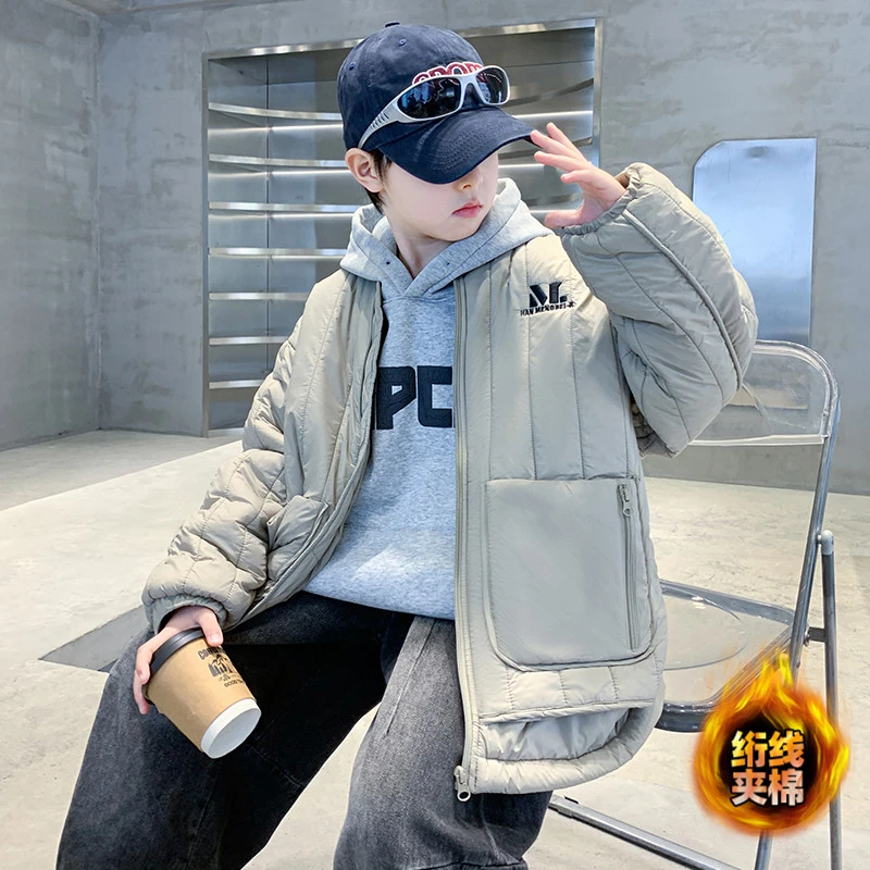 男童灰色航线大口袋棒球棉服秋冬2025新款儿童夹棉加厚棉衣中大童