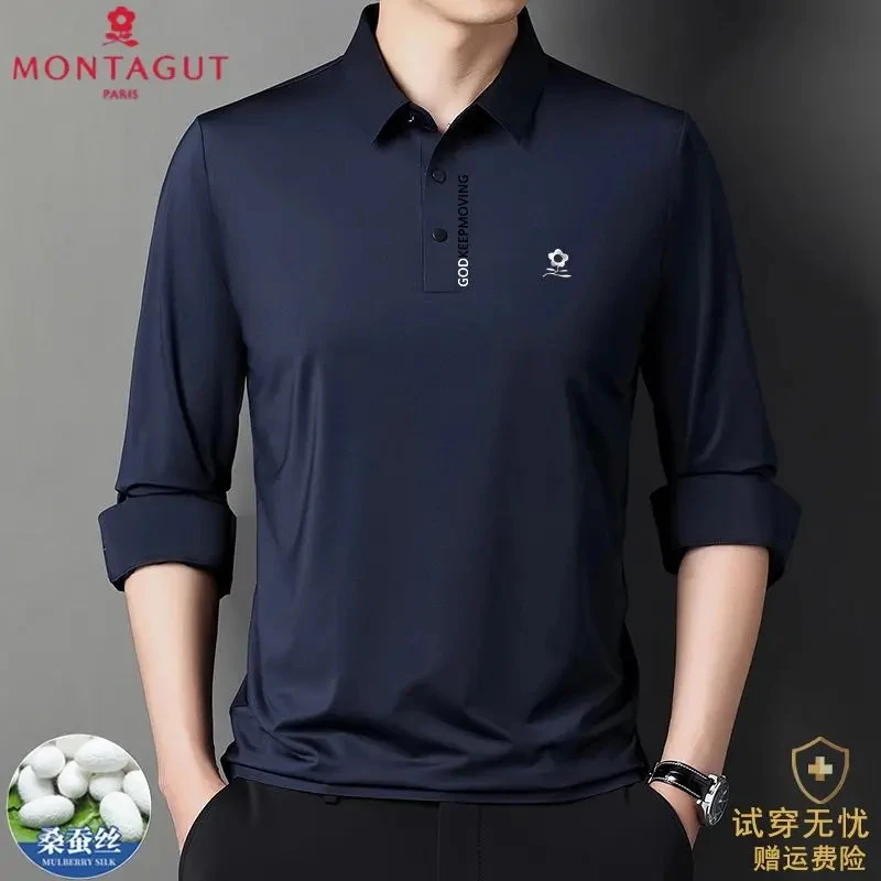 法国梦特娇都市男士长袖T恤秋季休闲商务中年桑蚕丝翻领POLO衫