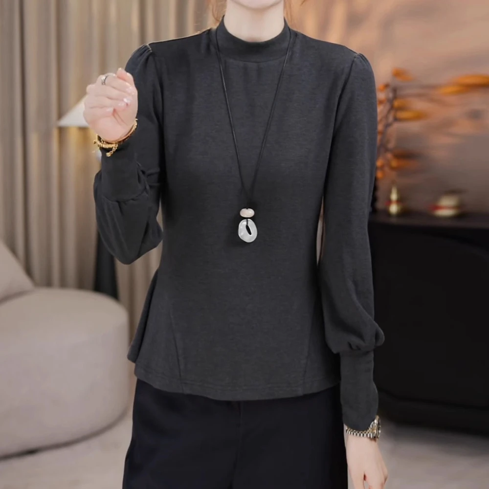 修身显瘦荷叶边上衣秋季新款胖MM大码女装设计感收腰长袖打底T恤