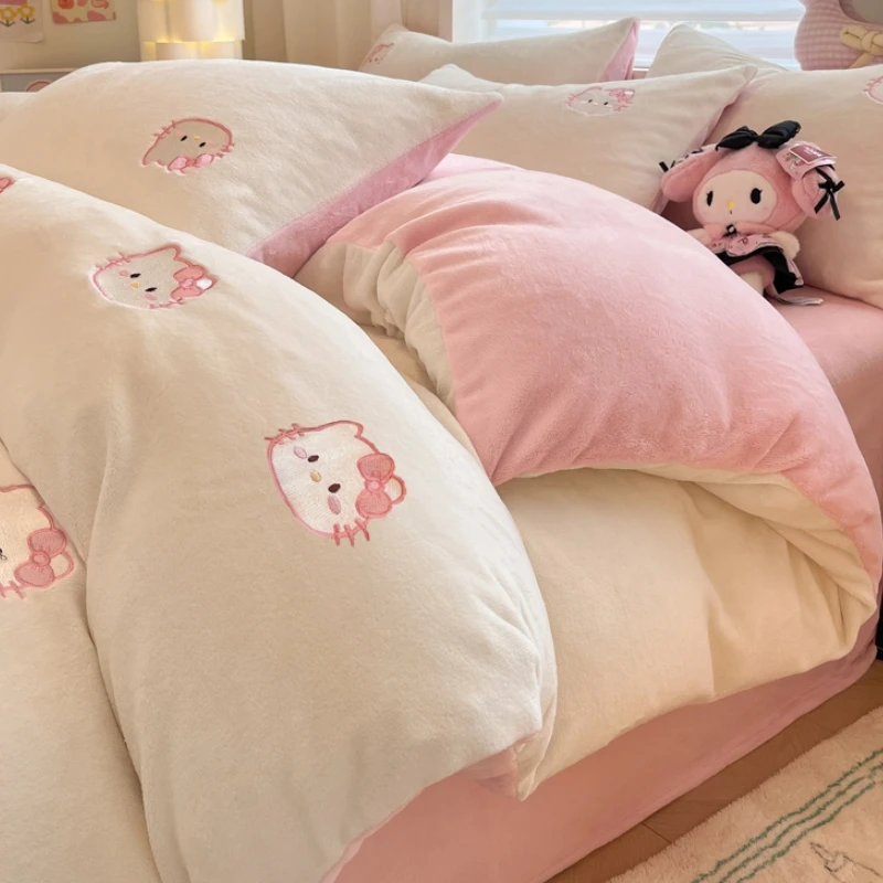 小清新刺绣牛奶绒床上四件套冬季双面加厚法兰绒被套加绒床单床笠