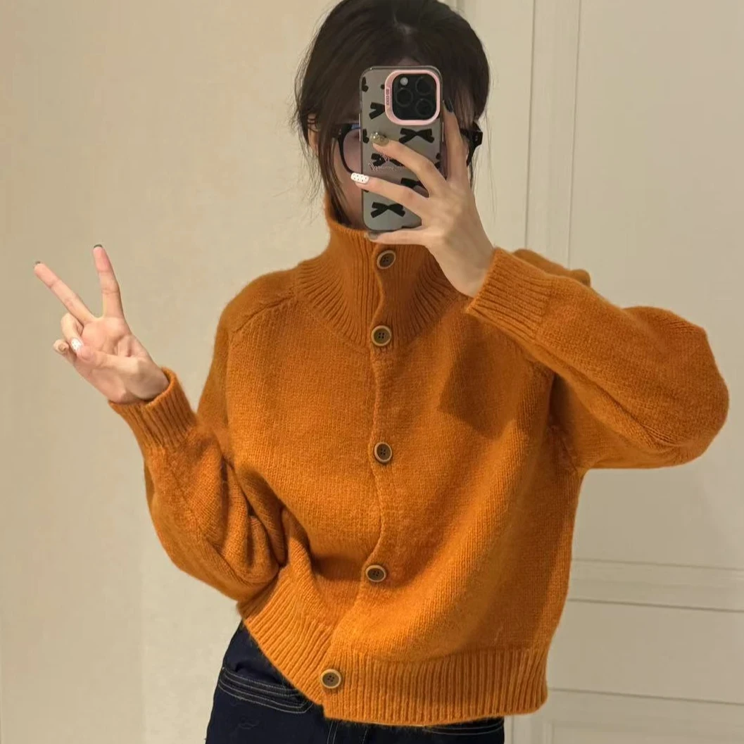 慵懒风纯色毛衣外套女款半高领秋冬季加厚复古休闲单排扣针织开衫