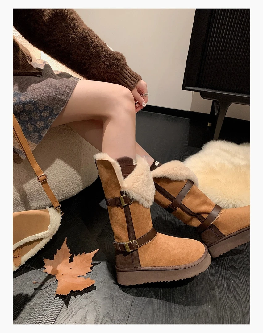 加厚保暖东北皮毛一体雪地靴皮带扣2025新款长筒靴子冬季防寒棉靴