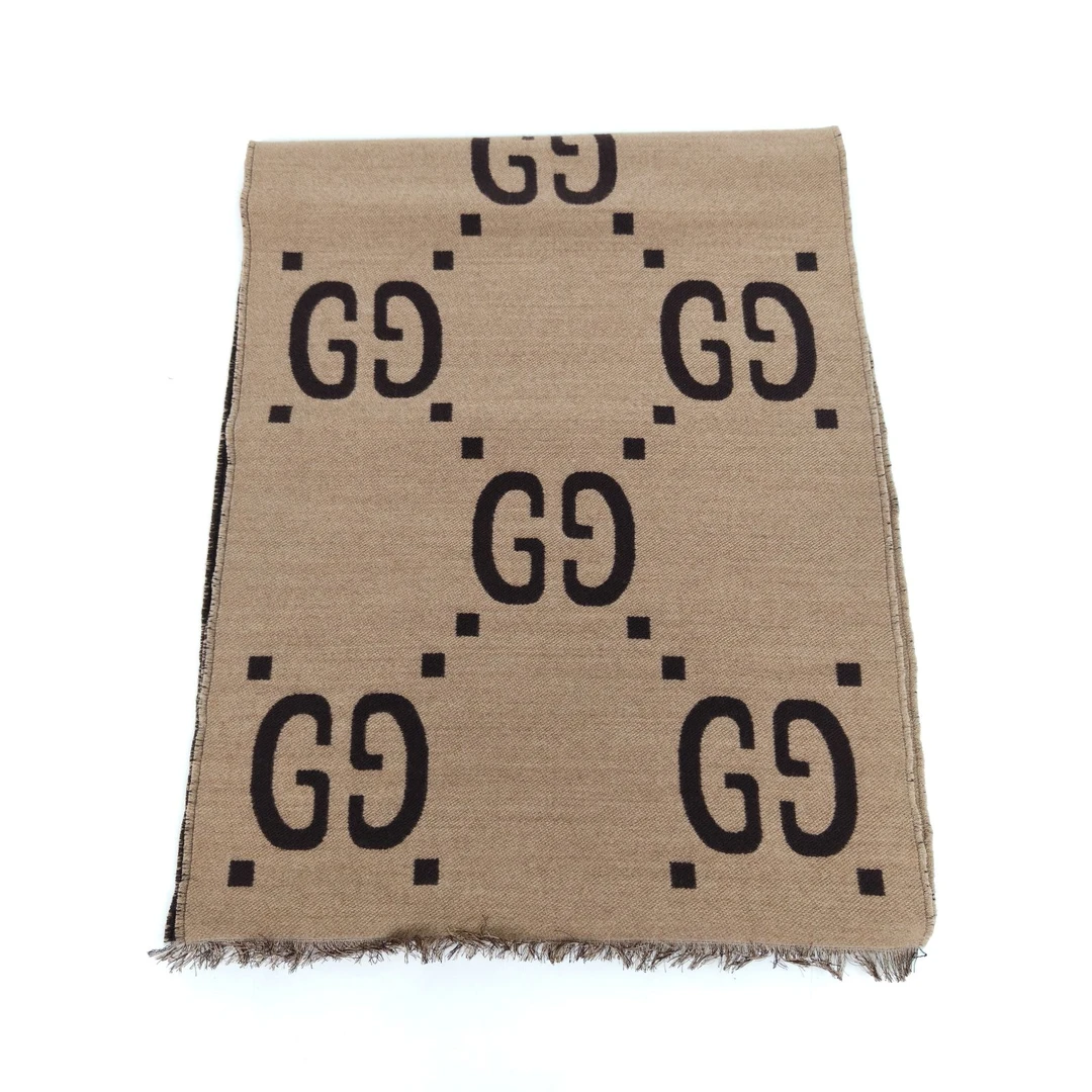 99新 GUCCI/古驰 【黑黑】GG 大LOGO提花围巾 浅咖色 羊毛