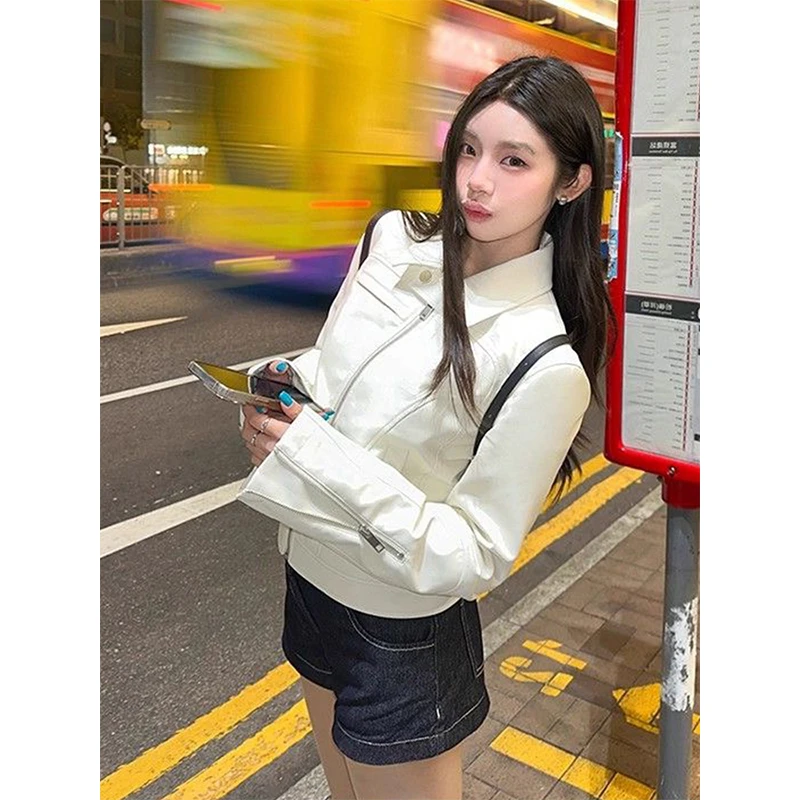时尚白色PU皮上衣外套女短款秋季设计感拉链长袖夹克开衫修身百搭