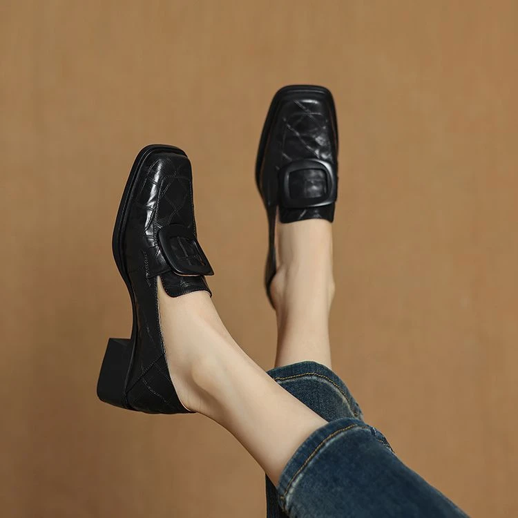 巨好穿法式复古中跟小皮鞋女2025真皮方头深口单鞋一脚蹬乐福鞋女