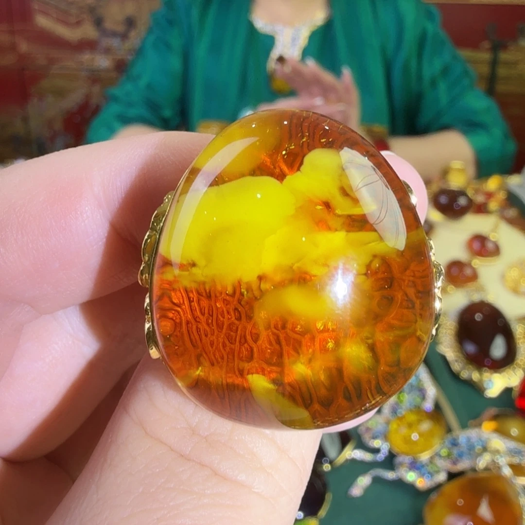 蜜蜡银S925镀金镶嵌戒指