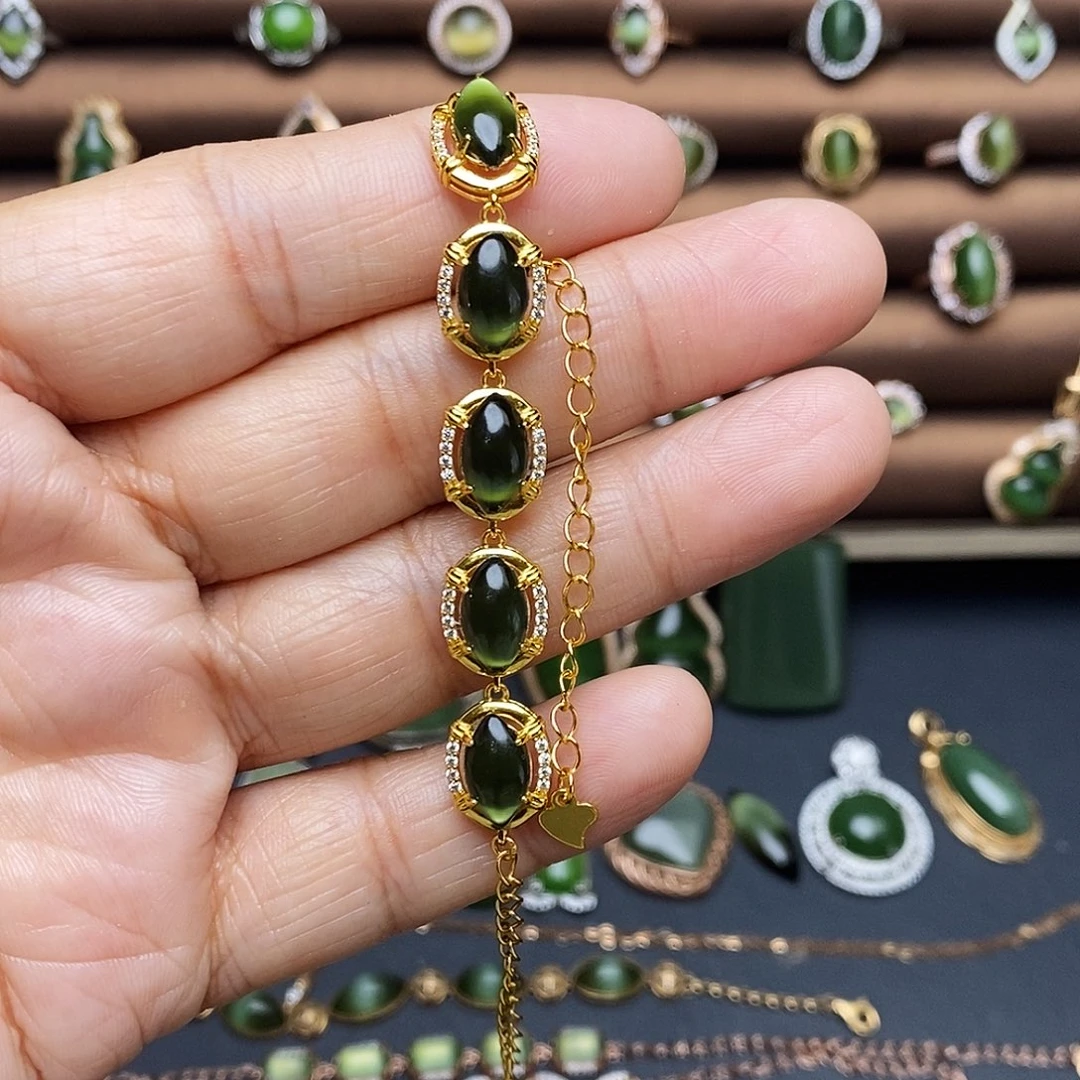 吊坠(不含链)银S925镶嵌和田玉（碧玉）手链