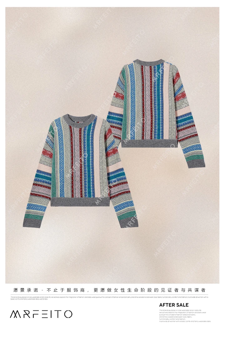 MRFEITO【条纹艺术】个性圆领撞色条纹针织衫/毛衣H391M02D35263
