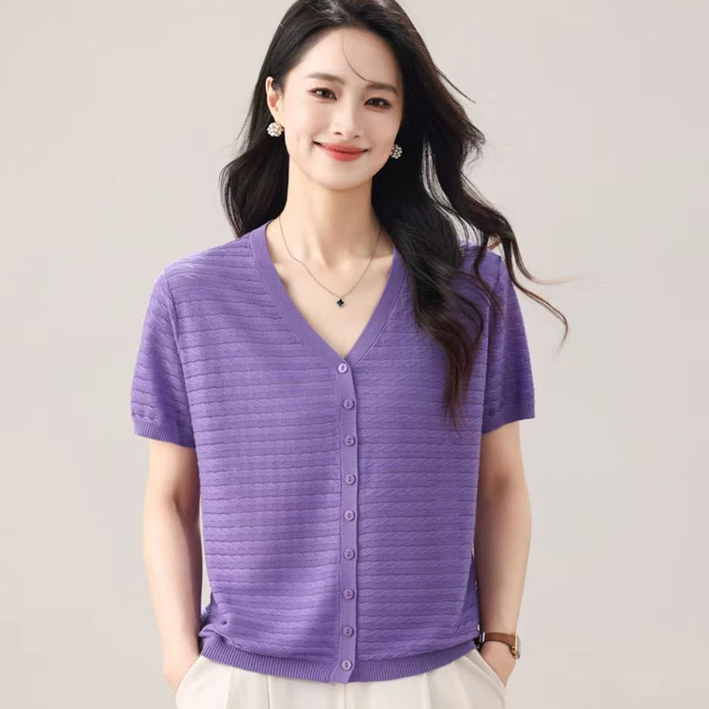 【香嘉怡新品】XJYE36937女士100莱赛尔波浪V领小开衫夏季百搭显瘦