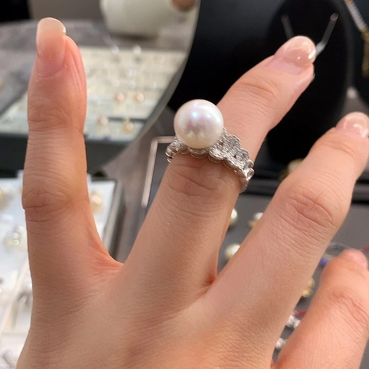 足银大理石珠珠戒指