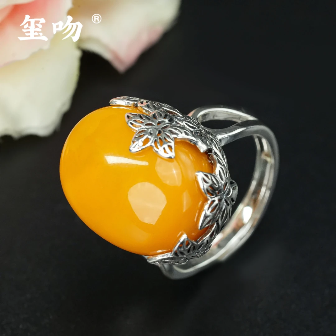 【玺吻】s925银 繁花似锦 天然蜜蜡戒指（活口可调节）