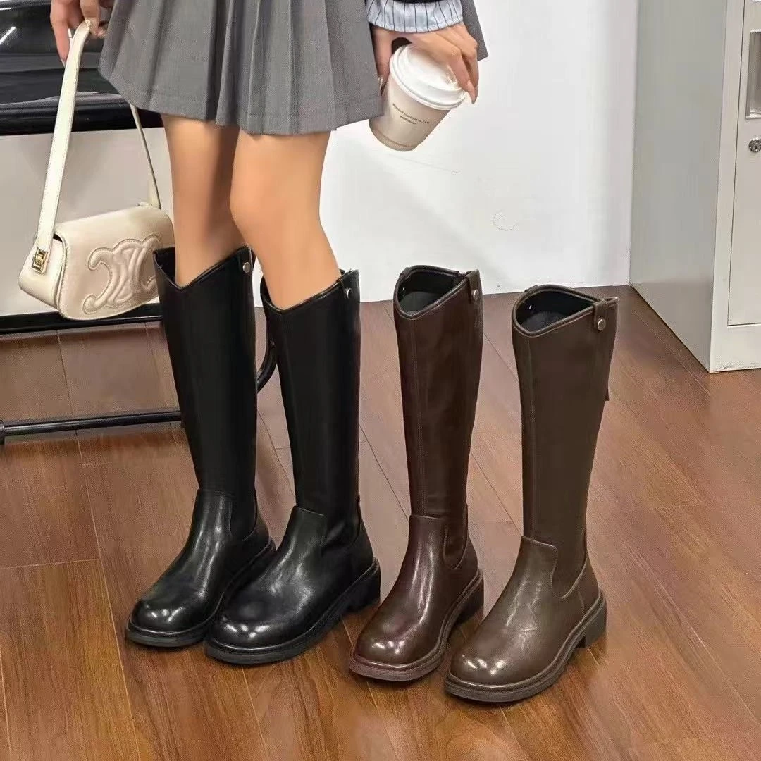 秋冬新款复古时尚百搭粗跟显瘦V口不过膝长靴9266-239(不加绒)