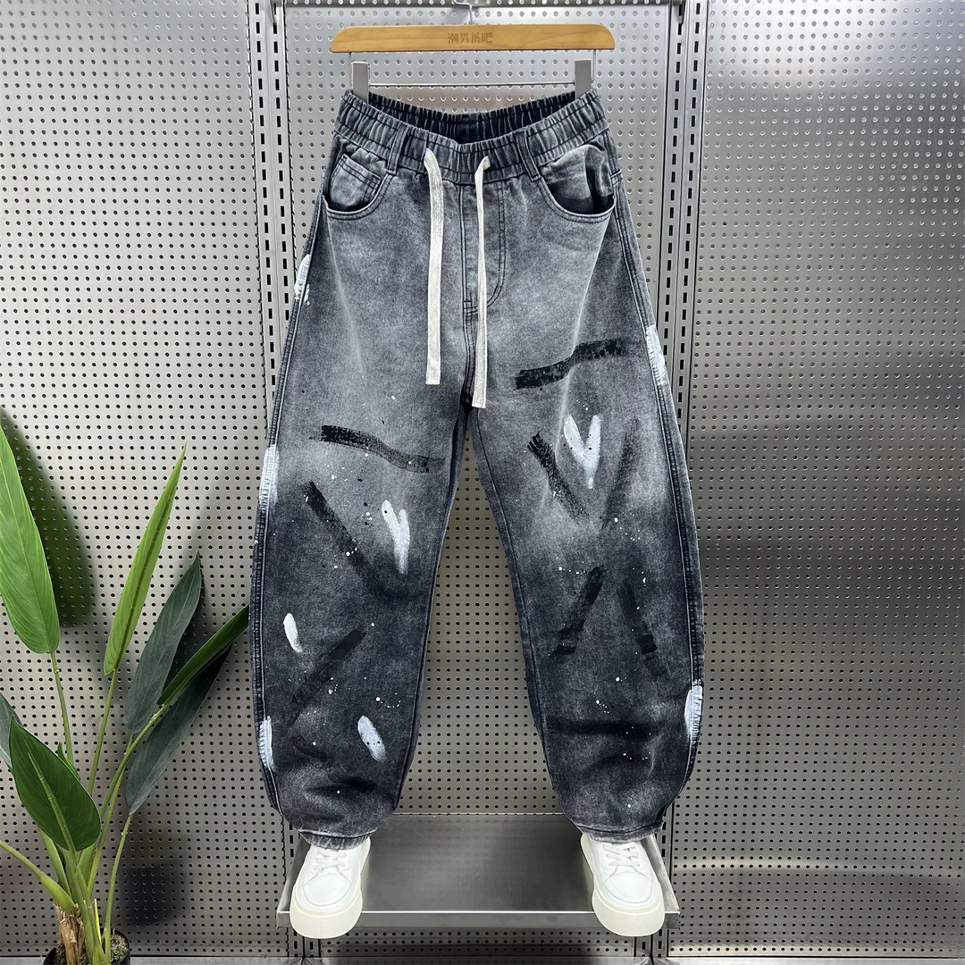 美式街头风泼墨涂鸦手绘阔腿牛仔裤男秋冬新款宽松痞帅弯刀长裤子