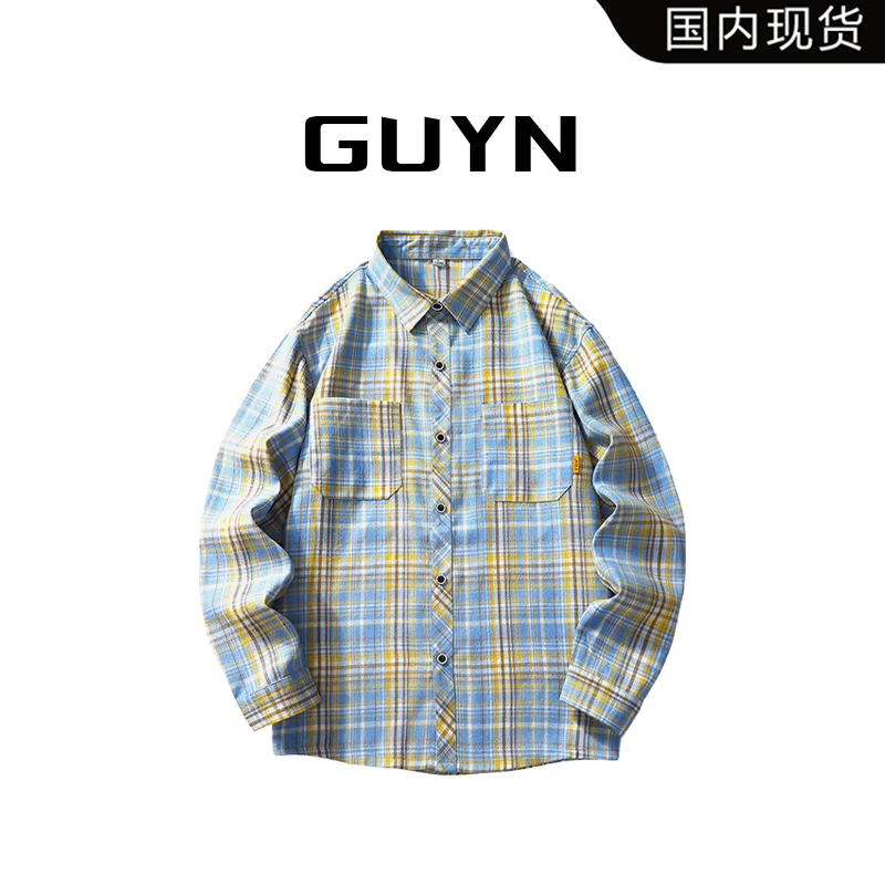 【品牌现货】GUYN春秋季新款男士卫衣休闲百搭帅气开衫格子长袖衬衫