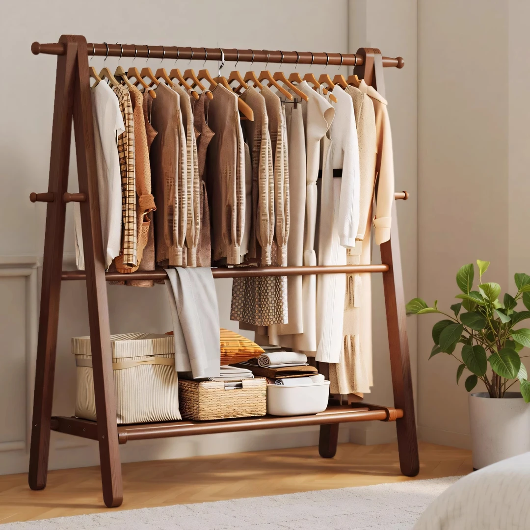 实木挂衣架卧室落地衣帽架房间双杆立式不占地多功能木质衣服挂架