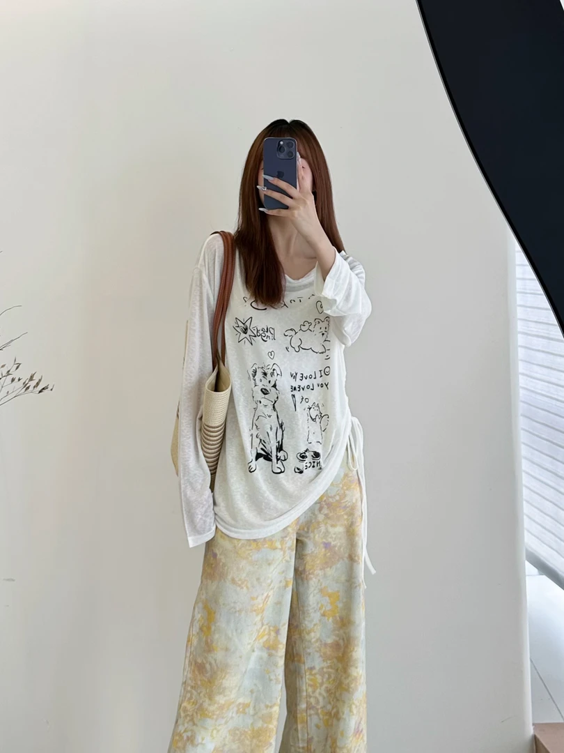 长袖防晒杂志风印花休闲风T恤女士白色肯豆风性感风