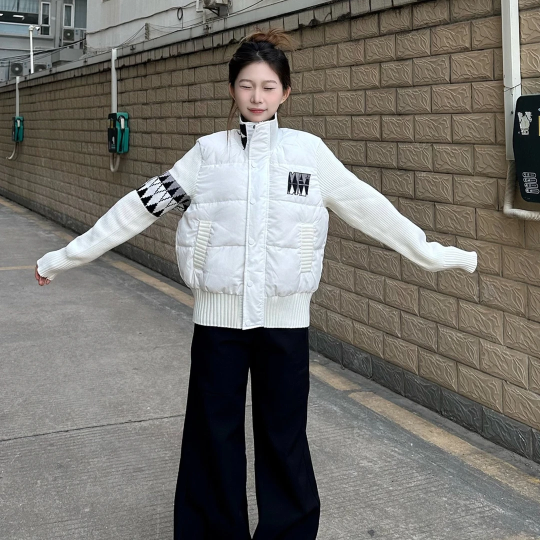 学院风复古时髦毛织拼接休闲修身棉服冬季新款保暖时尚棉袄外套潮