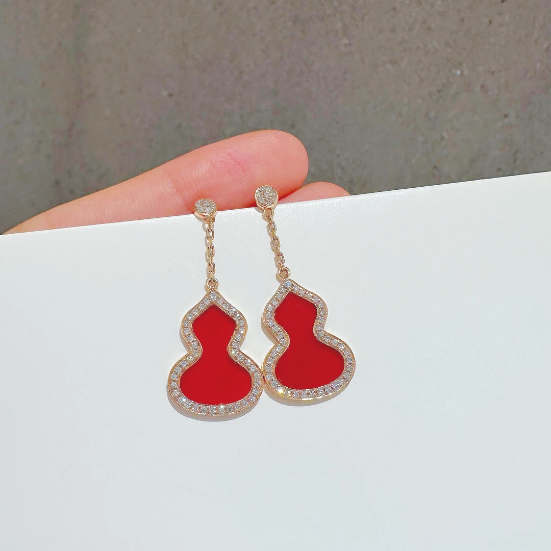 18k金 南非天然钻石红葫芦耳坠 玫瑰金时尚国风 轻奢百搭红色耳饰