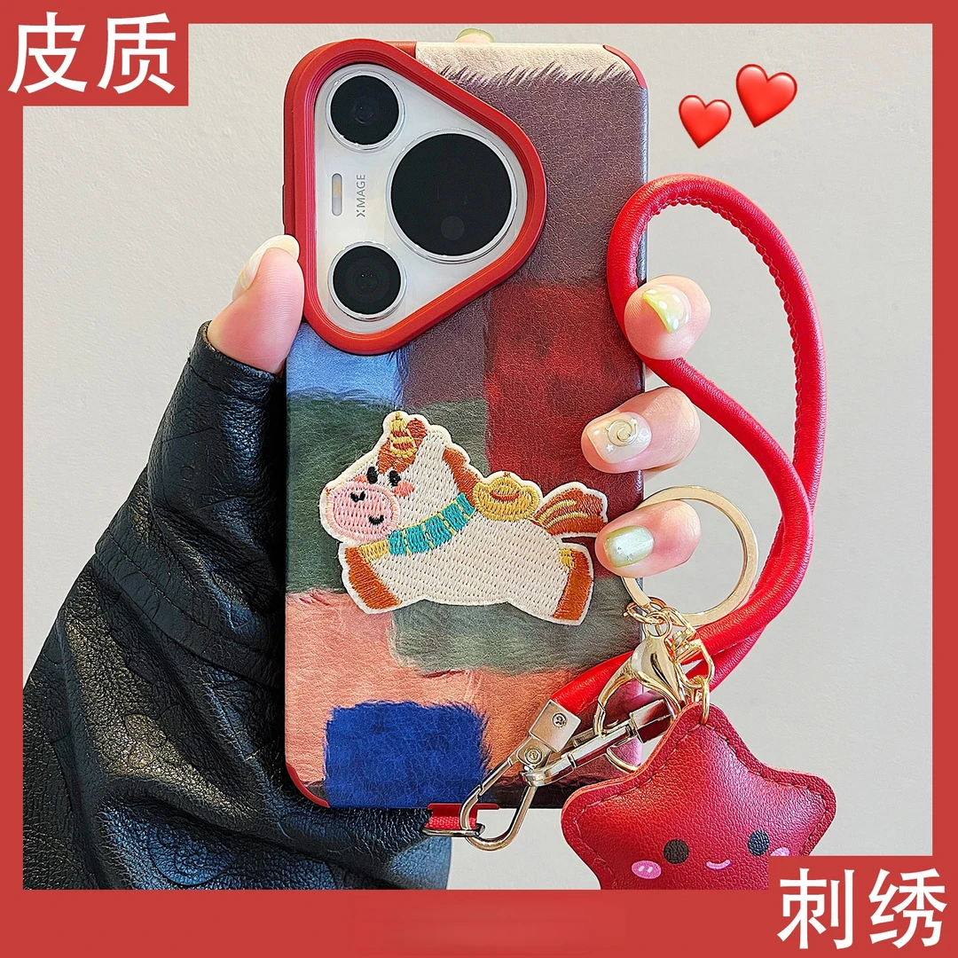 适用于华为pura70pro+新款手机壳秋冬创意小众拼色方块小羊皮防摔