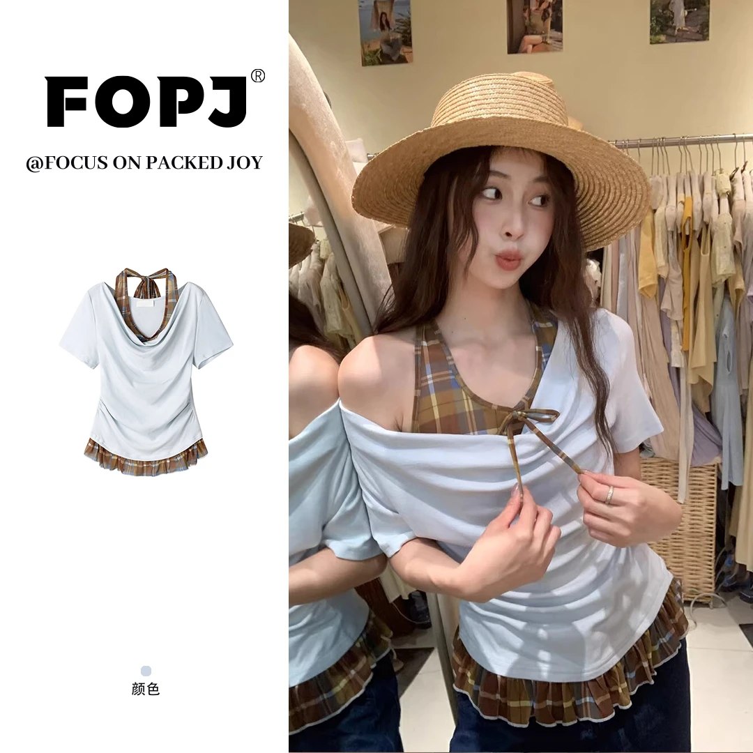 FOPJ韩系甜美别致撞色格纹假两件短袖t恤修身显瘦百搭纯欲风上衣