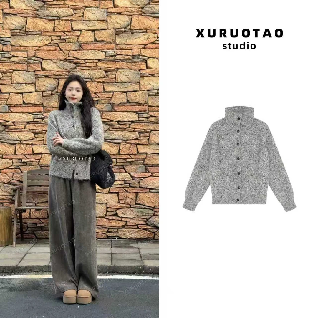 XURUOTAO【格雷序幕】邓肯花纱混纺羊毛针织慵懒花灰色上衣 T5820