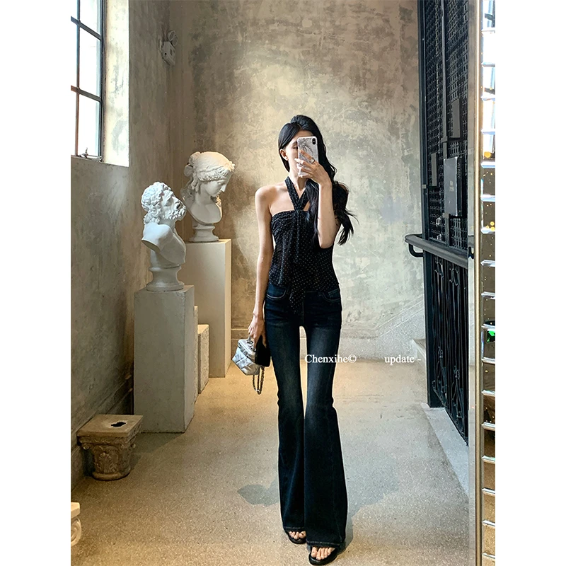 何晨曦 复古深蓝色喇叭牛仔裤女夏纯欲修身显腿长拖地长裤T0784K