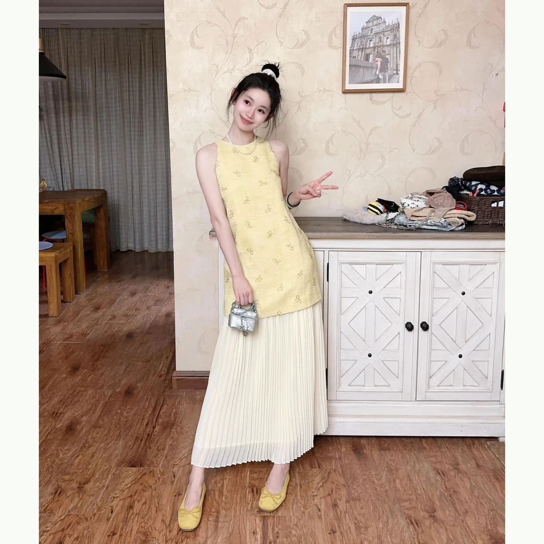 2025夏季新款温柔风穿搭蝴蝶结背心连衣裙女搭配百褶裙气质两件套