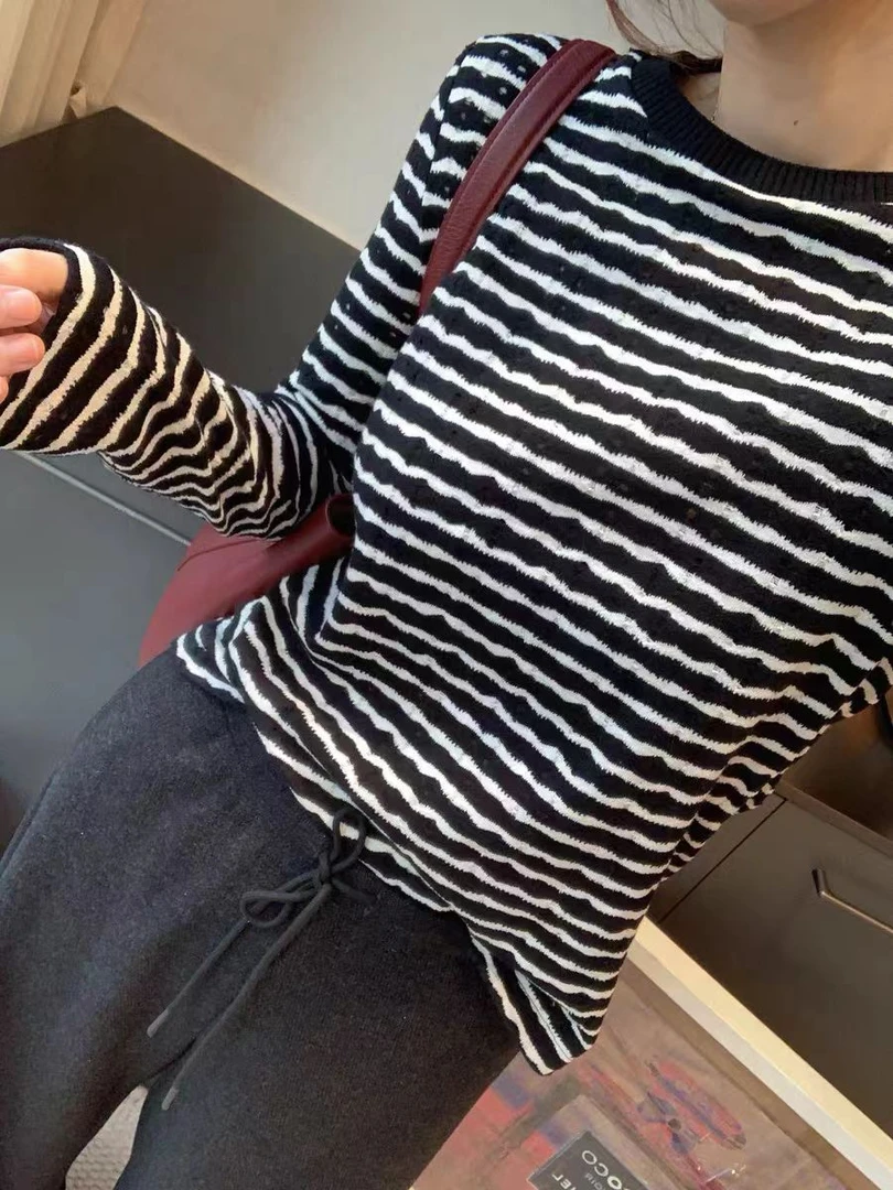 长袖针织衫针织条纹休闲韩版ins针织衫秋季黑白时尚修身圆领