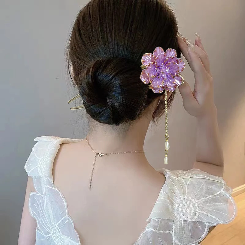 中国风紫牡丹流苏U型簪复古高级汉服发饰步摇发钗簪子头饰绒花