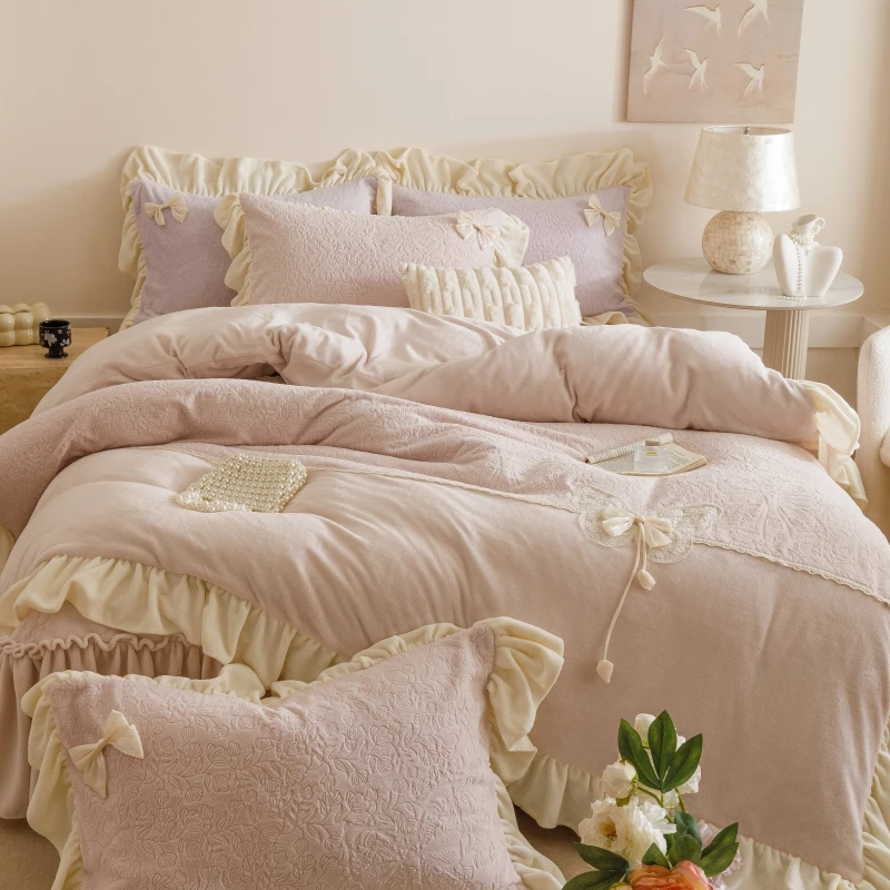 法式浪漫少女心加厚双面牛奶绒四件套保暖珊瑚绒雕花被套加绒床品