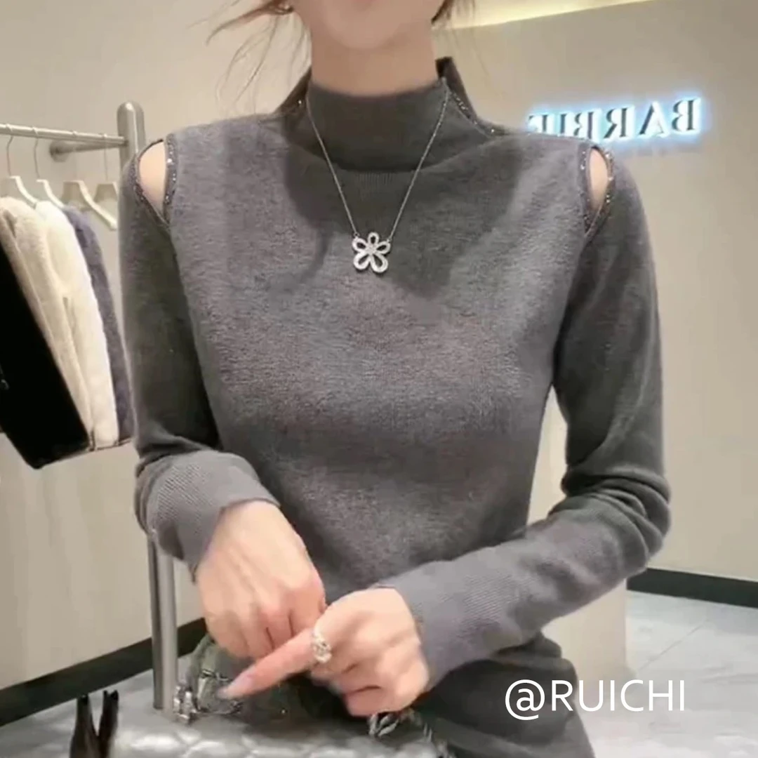 性感小心机~半高领毛针织衫针织保暖修身纯色毛衣打底衫洋气