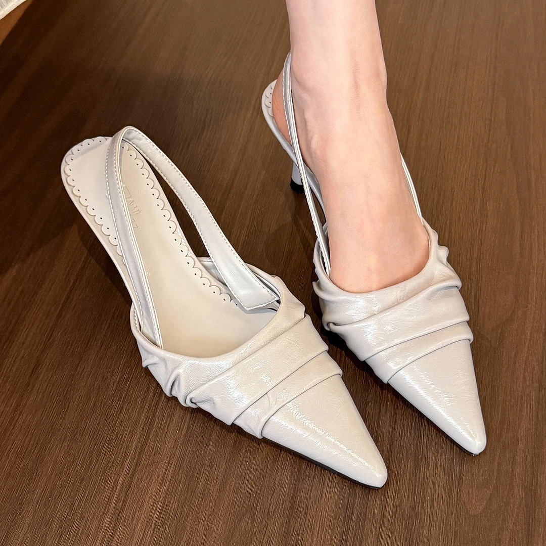 elingstudio 高级博主！淡灰色尖头皱褶高跟鞋女细跟春夏后空凉鞋