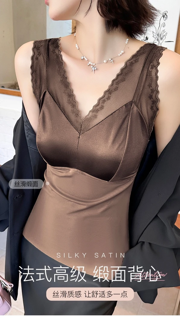 四季大码一体式带胸垫蕾丝吊带背心女内搭打底上衣新款美背文胸