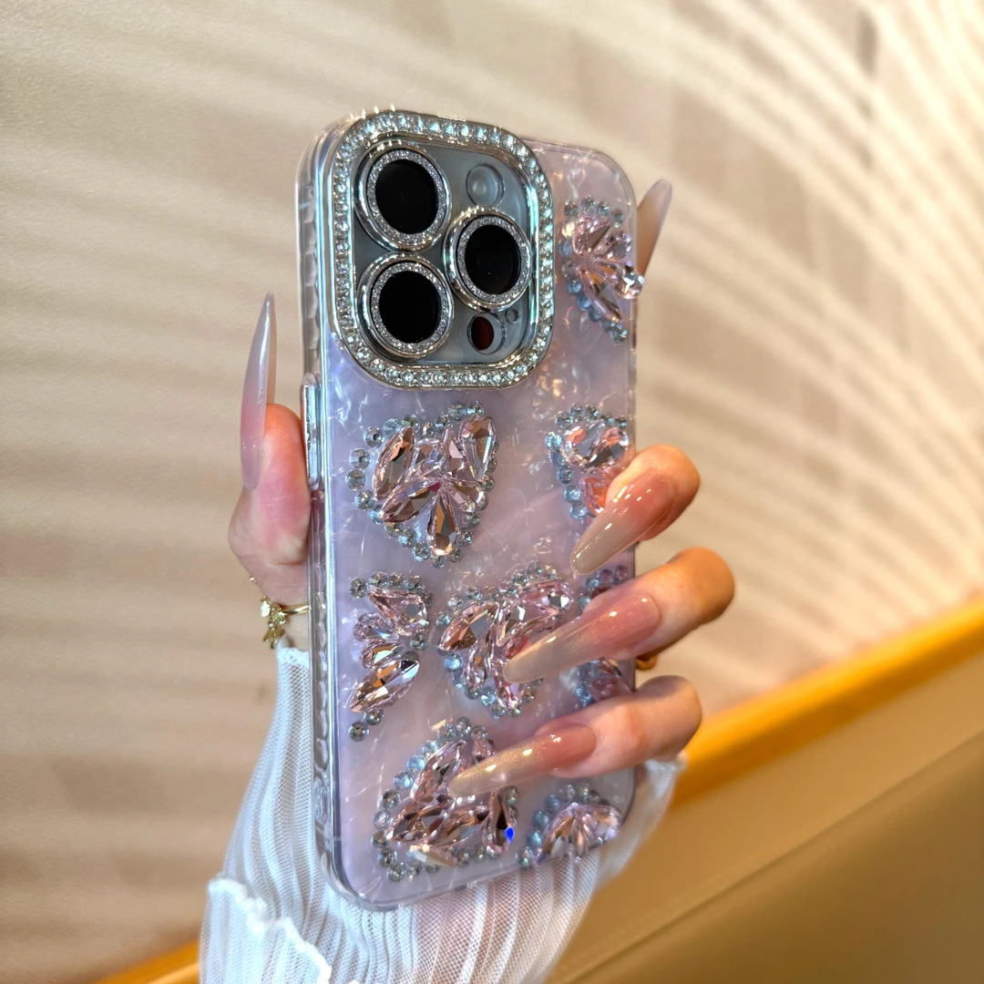 爱心闪钻贝壳纹适用苹果16promax手机壳轻奢iPhone15唯美14时尚13