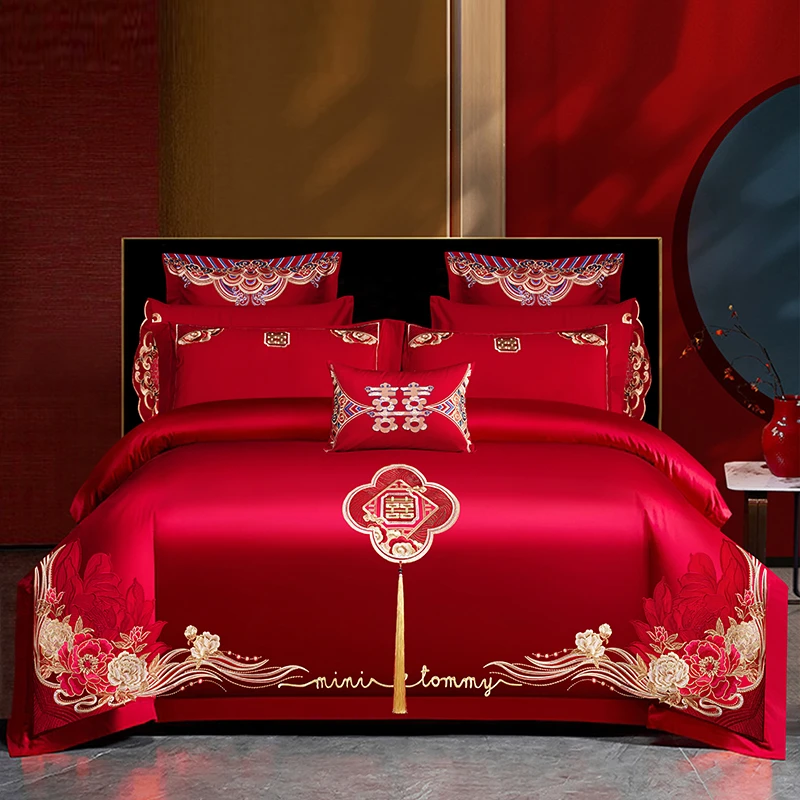 水星金典家纺婚庆四件套全棉纯棉喜庆结婚龙凤床上用品婚嫁婚床品