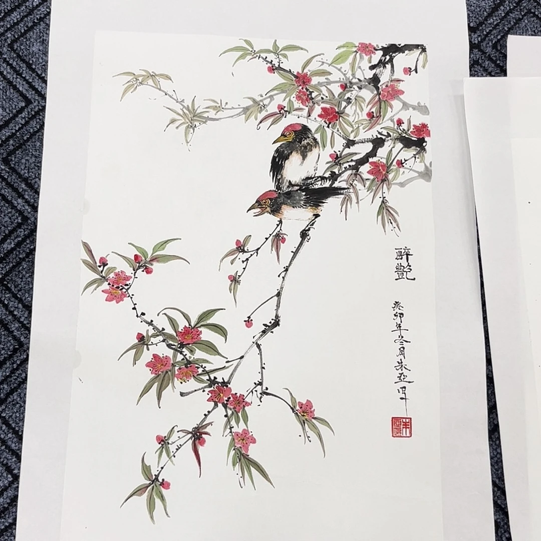 用***1国画朱亚老师四尺三开花鸟奇