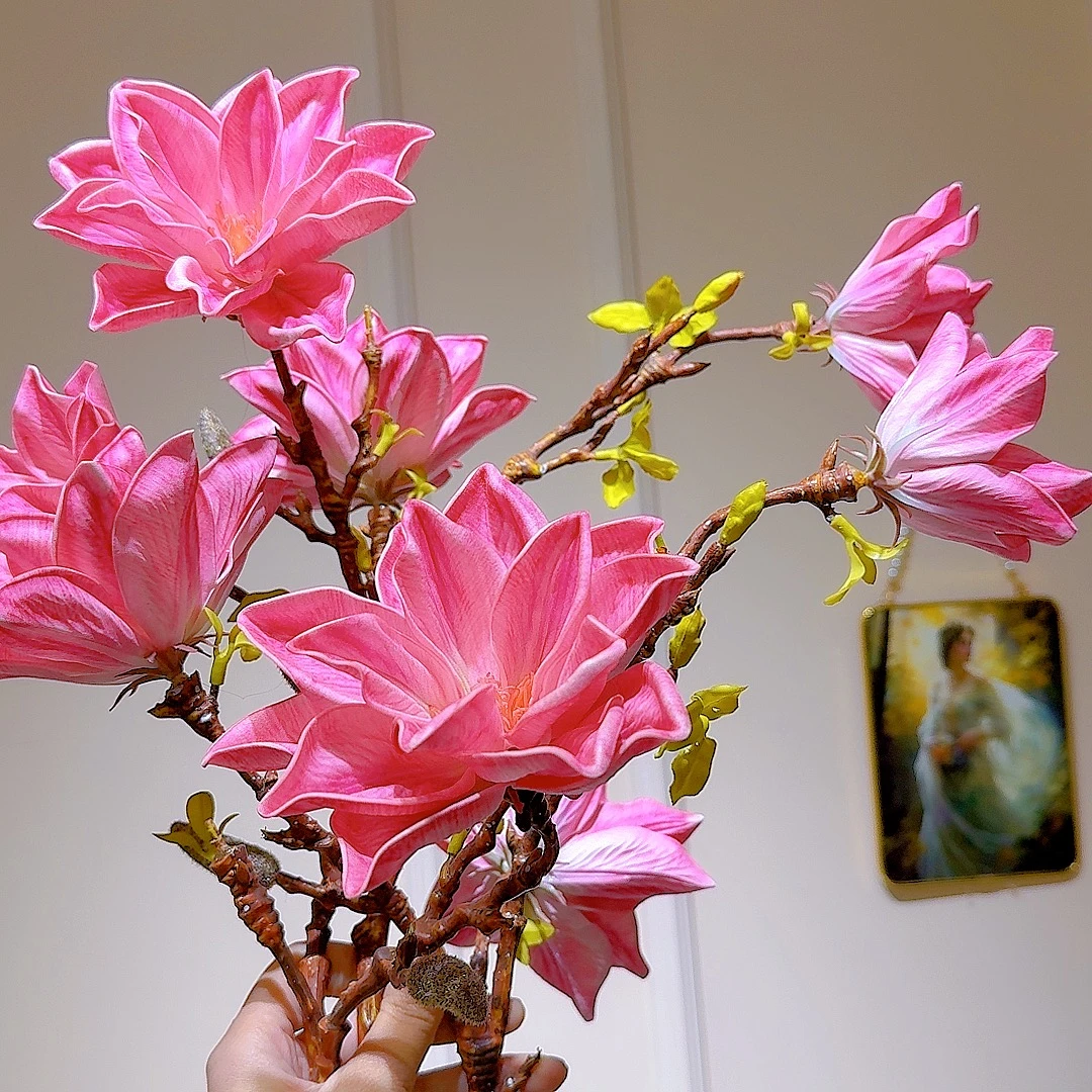 中式仿真高品质玫红粉色玉兰花（两只装）工艺品