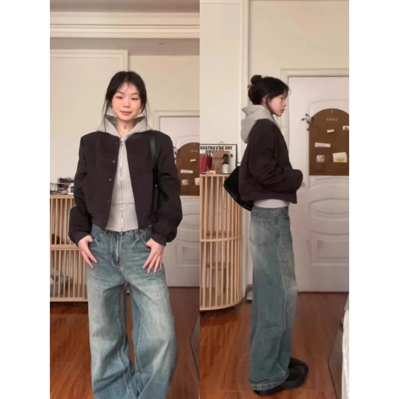 棒球服短款外套女夹克美式上衣小个子毛呢正肩卫衣春秋两件套