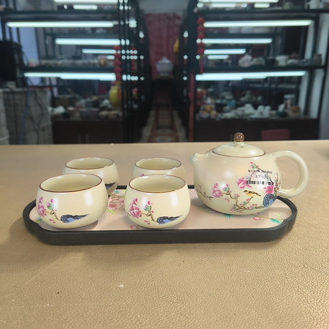 德化云仓 汝窑青山桃花留秀西施壶+四杯+茶盘-2355