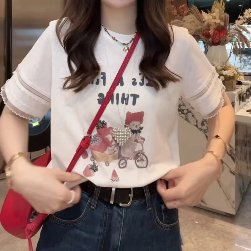 夏季新款短袖洋气休闲装宽松蕾丝袖印花短袖T恤女LK2503427