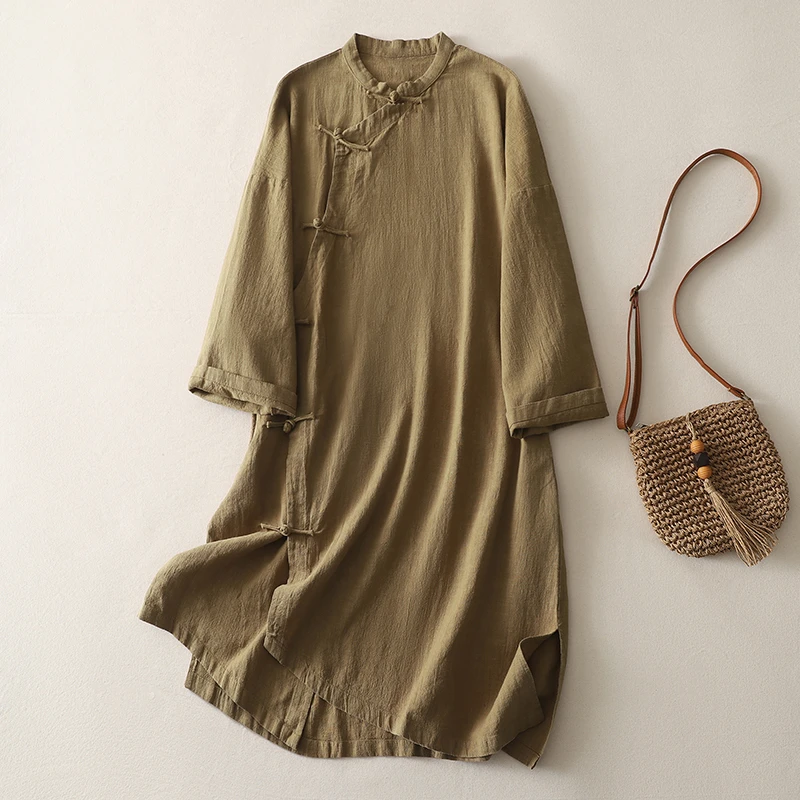 禅修居士服复古禅意偏襟做旧黄袍子新中式宽松长袖立领连衣裙女式