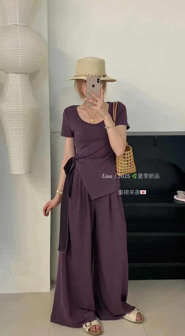 Ya.Li studio 不规则气质绑带U领短袖T恤搭配百搭阔腿长裤套装