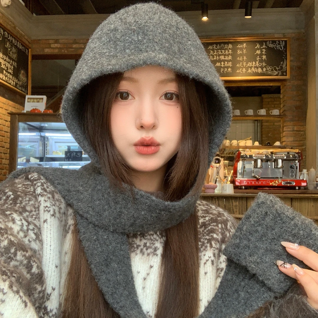 灰色巴拉克拉法帽女2025新款秋冬帽子围巾一体保暖针织护耳毛线帽