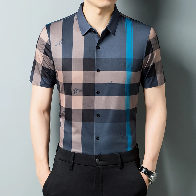 卡尔皮诺6607夏季亚麻男士短袖格子时尚休闲衬衫男士高档衬衫短袖