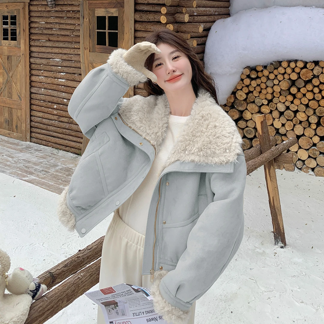 蓝色皮毛一体仿羊羔毛外套5953