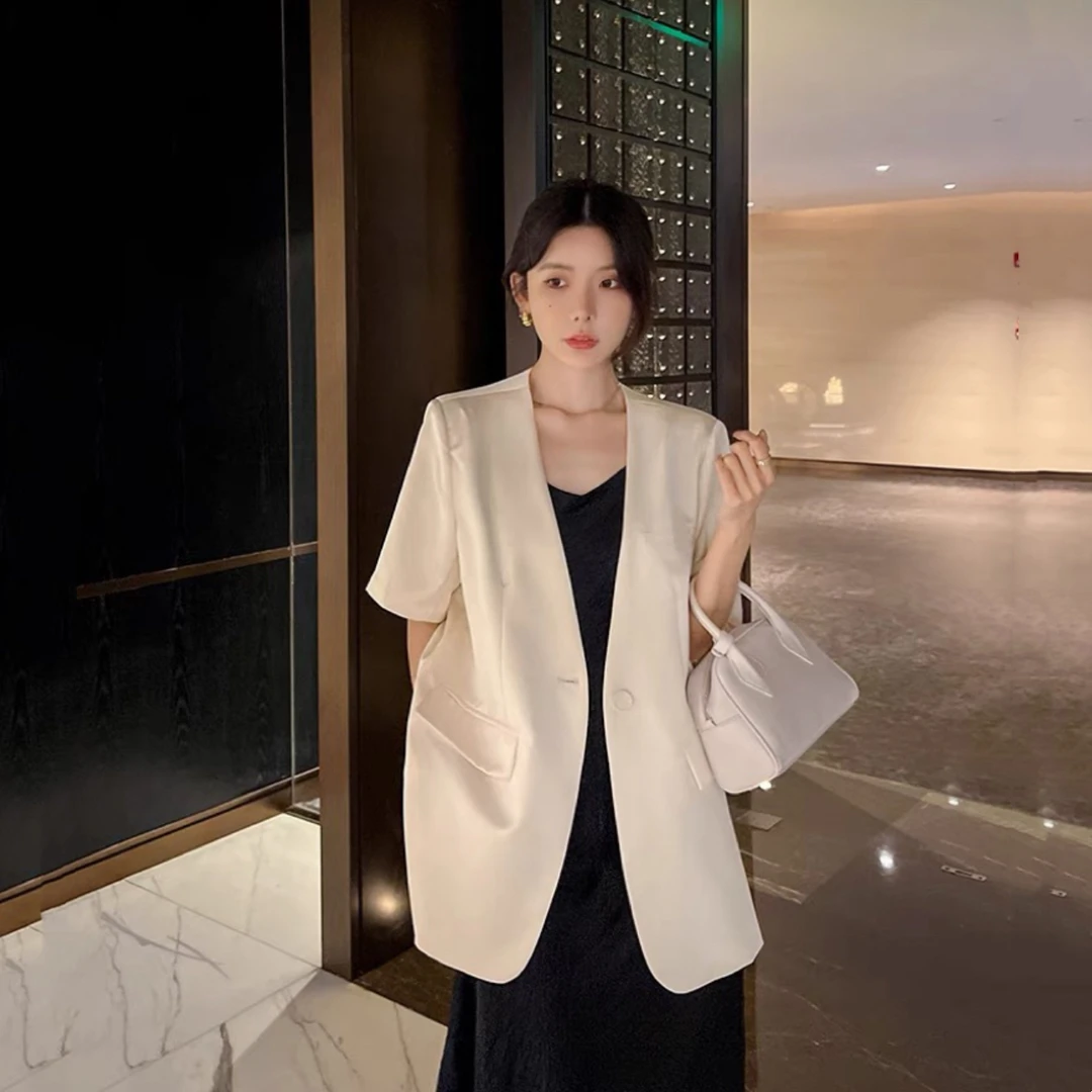 短袖薄款缎面女款高档外套气质显瘦醋酸韩系西装轻奢遮肉西服上衣