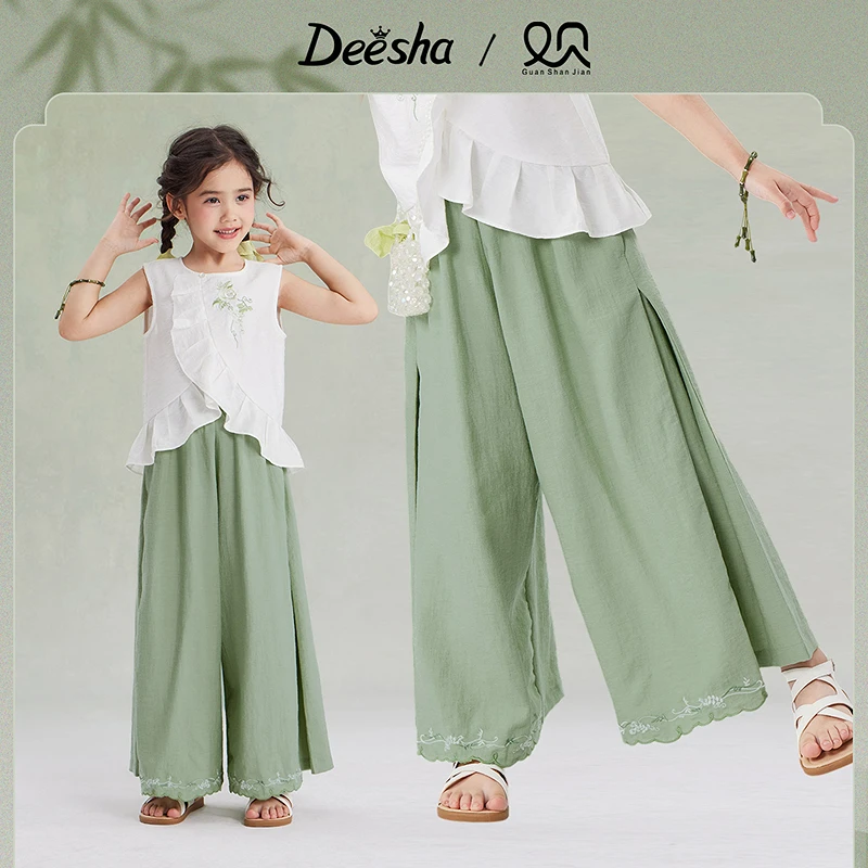 笛莎女童夏季休闲裤新款儿童中国风休闲宽松长裤-R3252A402