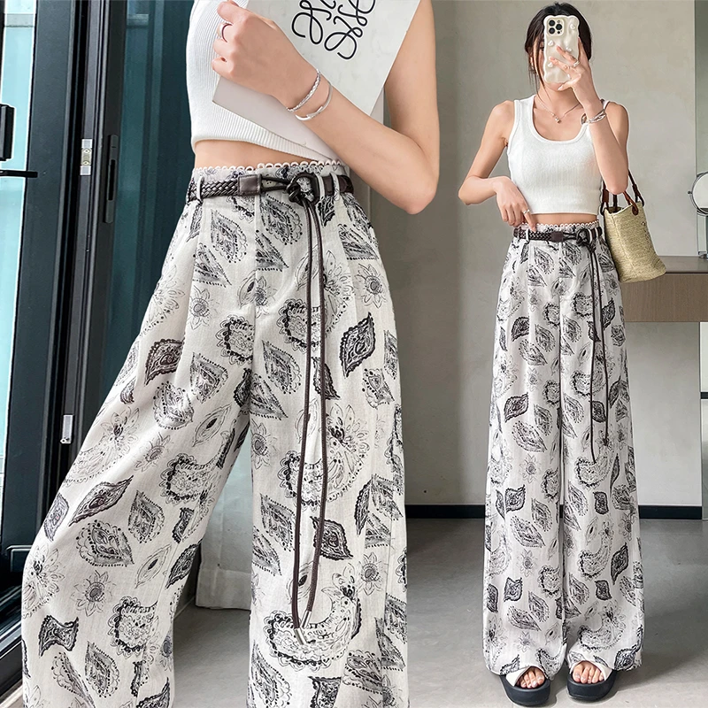 天丝亚麻复古阔腿裤高腰休闲裤裤女夏季薄款洋气扎染拖地裤女2335