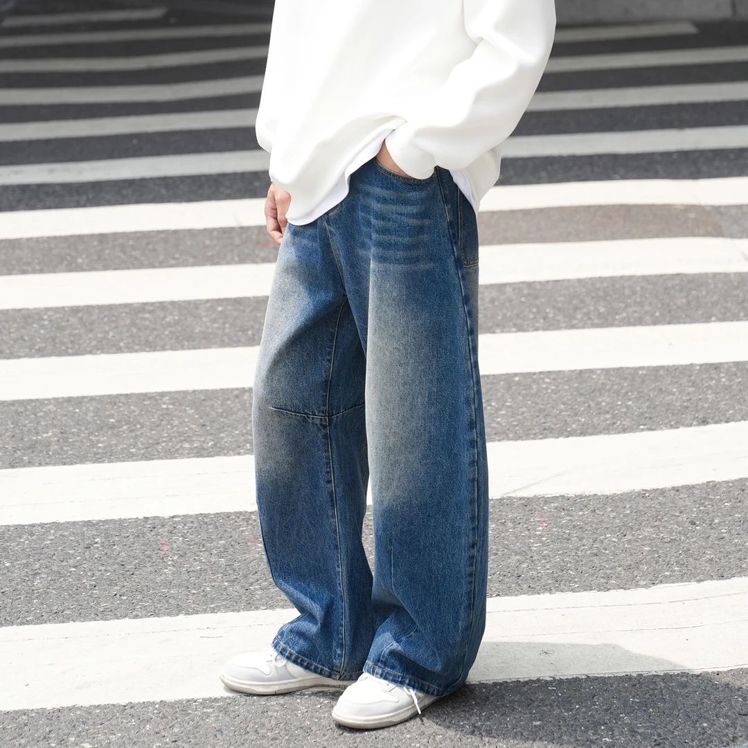 GOGOSOON牛仔裤男420g新款春秋美式复古水洗做旧宽松百搭弯刀长裤